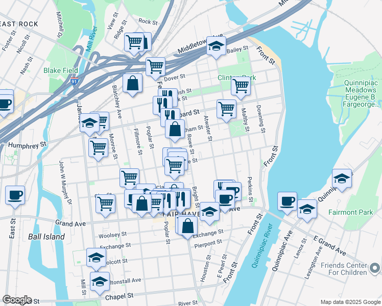 map of restaurants, bars, coffee shops, grocery stores, and more near 160 Grafton Street in New Haven