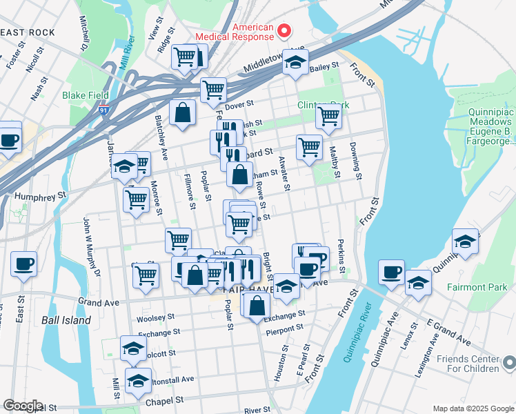 map of restaurants, bars, coffee shops, grocery stores, and more near 160 Grafton Street in New Haven