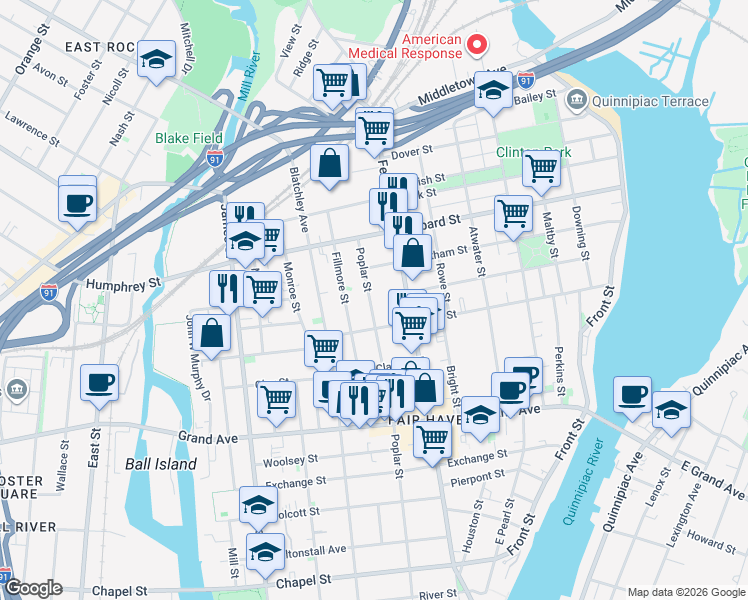 map of restaurants, bars, coffee shops, grocery stores, and more near 414 Poplar Street in New Haven