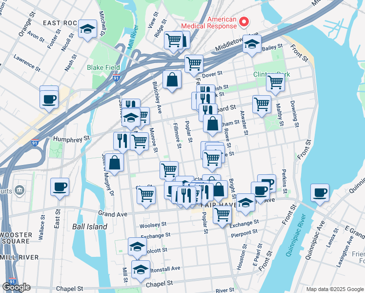 map of restaurants, bars, coffee shops, grocery stores, and more near 414 Poplar Street in New Haven