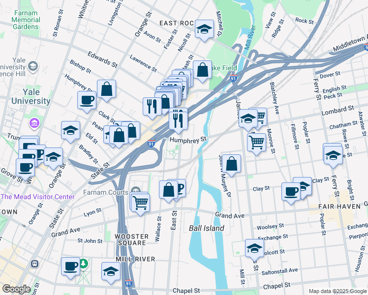 map of restaurants, bars, coffee shops, grocery stores, and more near 507 East Street in New Haven