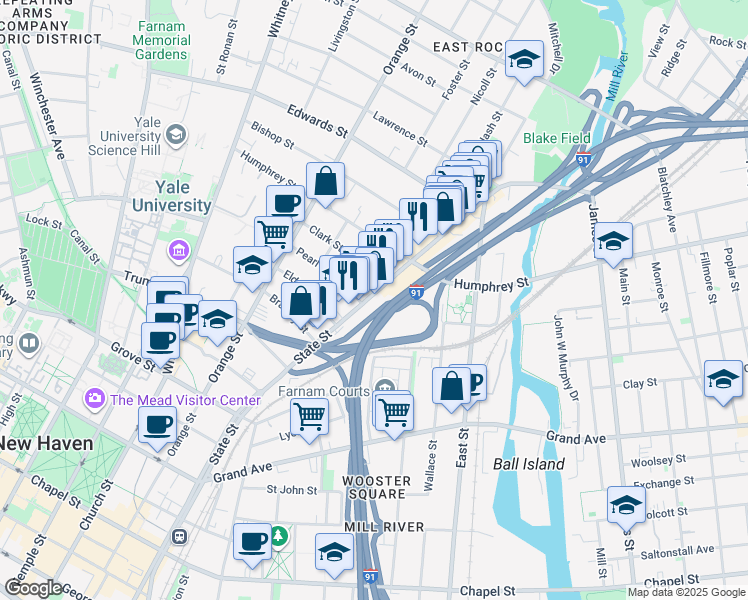map of restaurants, bars, coffee shops, grocery stores, and more near 843 State Street in New Haven