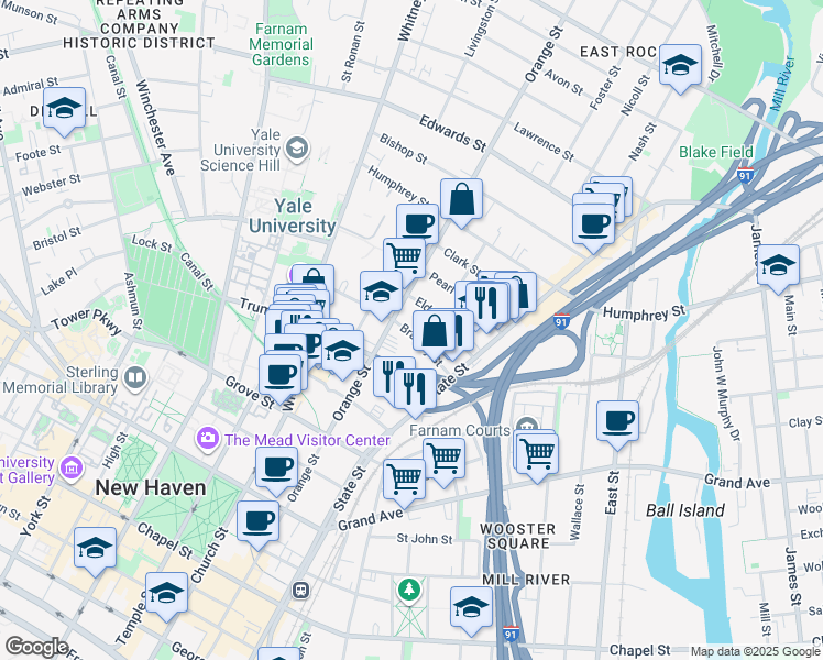 map of restaurants, bars, coffee shops, grocery stores, and more near 189 Bradley Street in New Haven