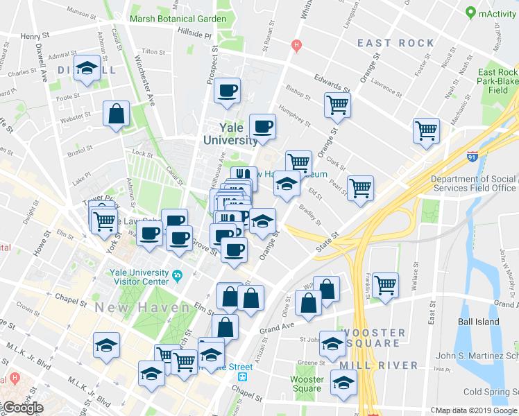 map of restaurants, bars, coffee shops, grocery stores, and more near 63 Trumbull Street in New Haven