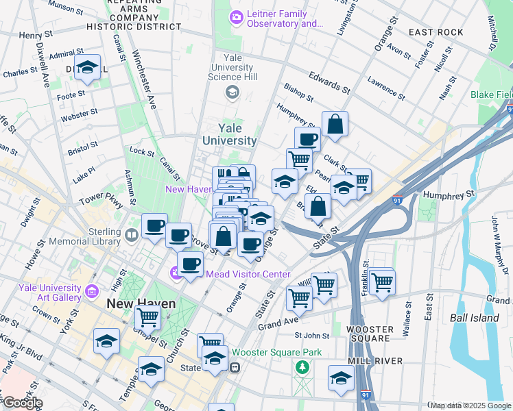 map of restaurants, bars, coffee shops, grocery stores, and more near 63 Trumbull Street in New Haven