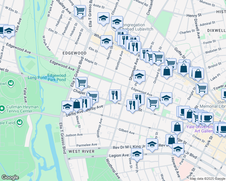 map of restaurants, bars, coffee shops, grocery stores, and more near 322 Winthrop Avenue in New Haven