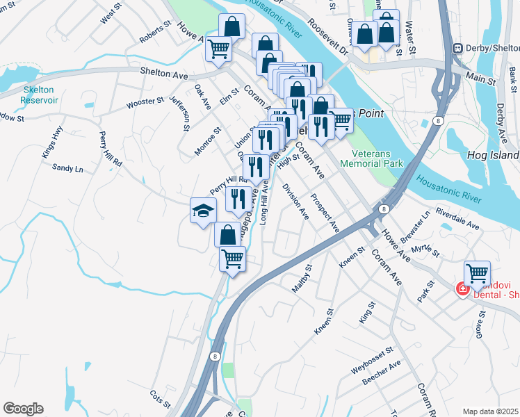 map of restaurants, bars, coffee shops, grocery stores, and more near 38 Bridgeport Avenue in Shelton