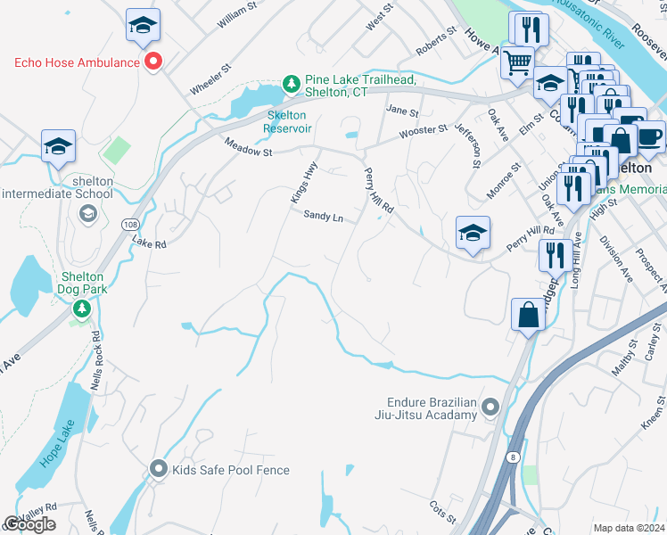map of restaurants, bars, coffee shops, grocery stores, and more near 50 Walnut Avenue in Shelton