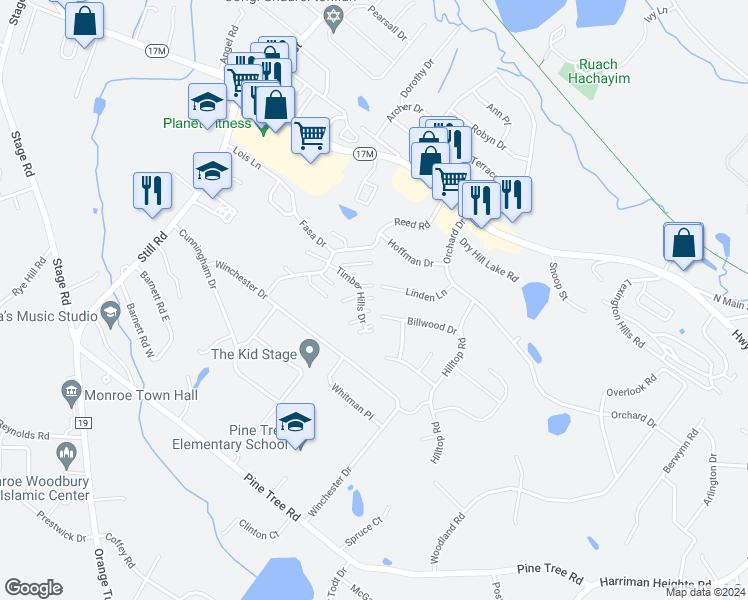 map of restaurants, bars, coffee shops, grocery stores, and more near 129 Linden Lane in Monroe