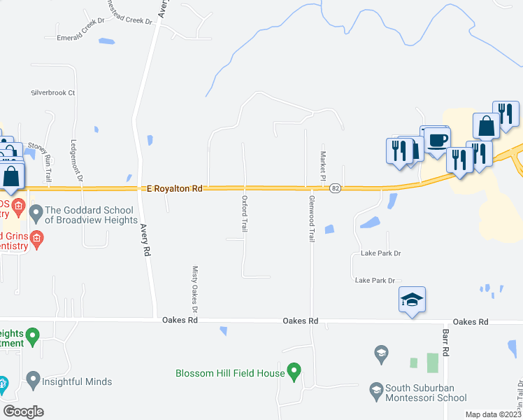 map of restaurants, bars, coffee shops, grocery stores, and more near 9201 Oxford Trail in Brecksville