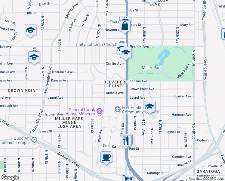 map of restaurants, bars, coffee shops, grocery stores, and more near 3042 Arcadia Avenue in Omaha