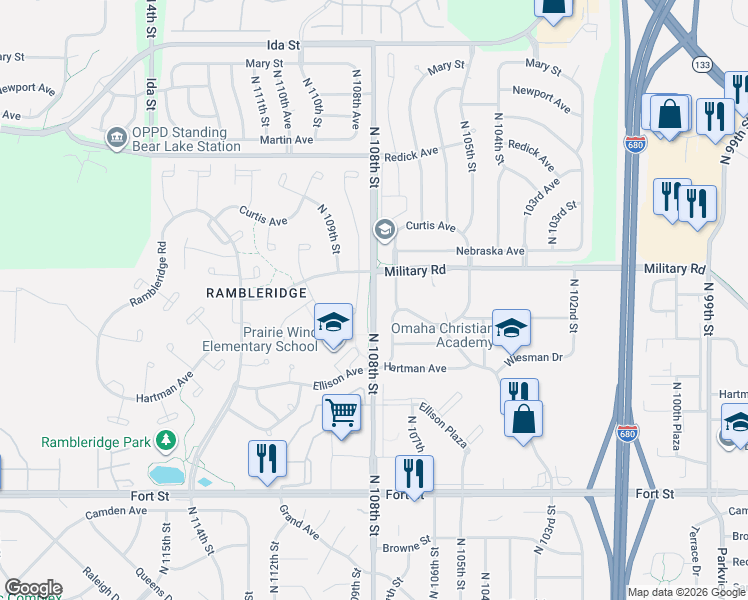 map of restaurants, bars, coffee shops, grocery stores, and more near 6008 North 107th Street in Omaha