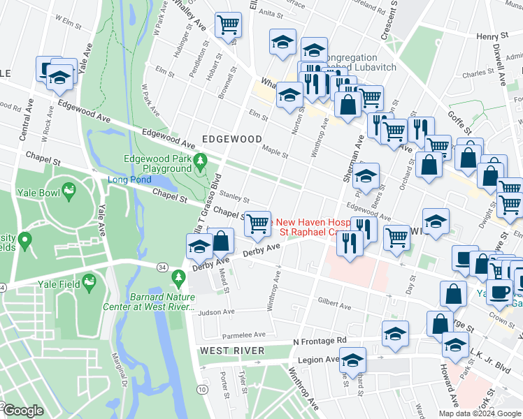 map of restaurants, bars, coffee shops, grocery stores, and more near 66 Norton Street in New Haven