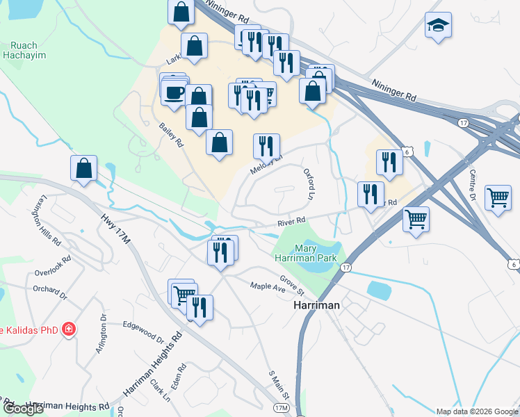map of restaurants, bars, coffee shops, grocery stores, and more near 6 Oxford Lane in Harriman
