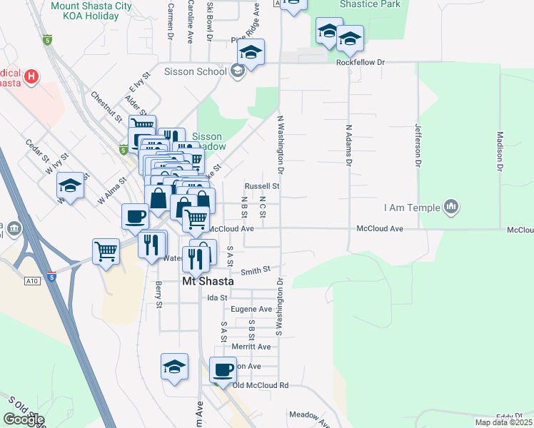 map of restaurants, bars, coffee shops, grocery stores, and more near 110 North C Street in Mount Shasta
