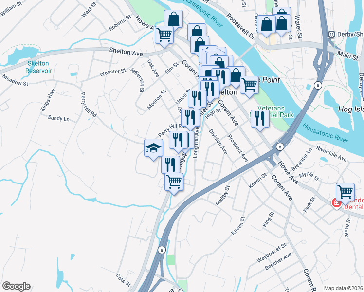 map of restaurants, bars, coffee shops, grocery stores, and more near 41 Bridgeport Avenue in Shelton