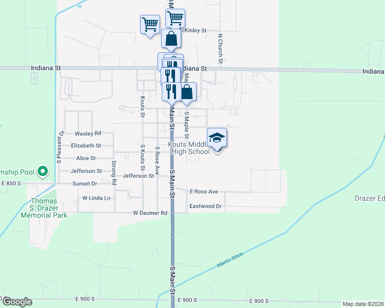 map of restaurants, bars, coffee shops, grocery stores, and more near 200-298 East Alice Street in Kouts