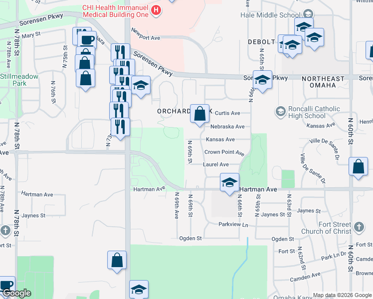 map of restaurants, bars, coffee shops, grocery stores, and more near 6006 North 69th Street in Omaha