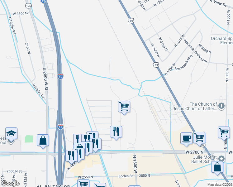 map of restaurants, bars, coffee shops, grocery stores, and more near 2750 North 1600 West in Pleasant View