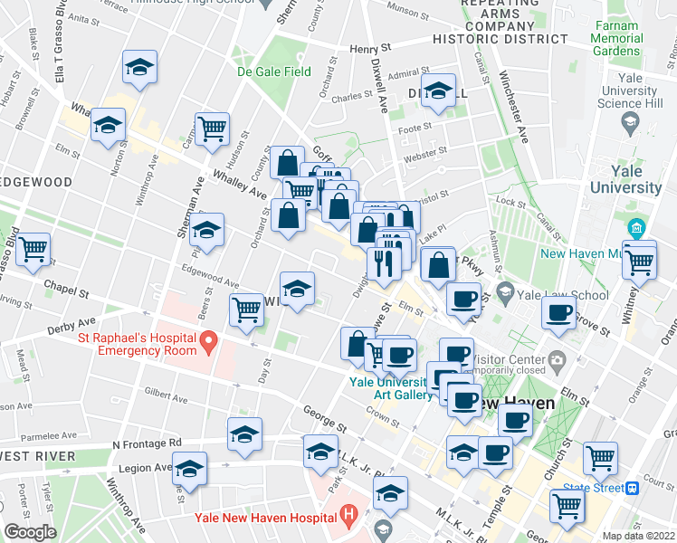 map of restaurants, bars, coffee shops, grocery stores, and more near 1 University Place in New Haven