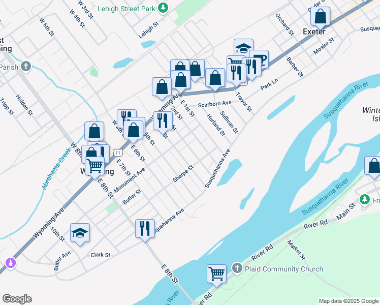 map of restaurants, bars, coffee shops, grocery stores, and more near 145 East 3rd Street in Wyoming