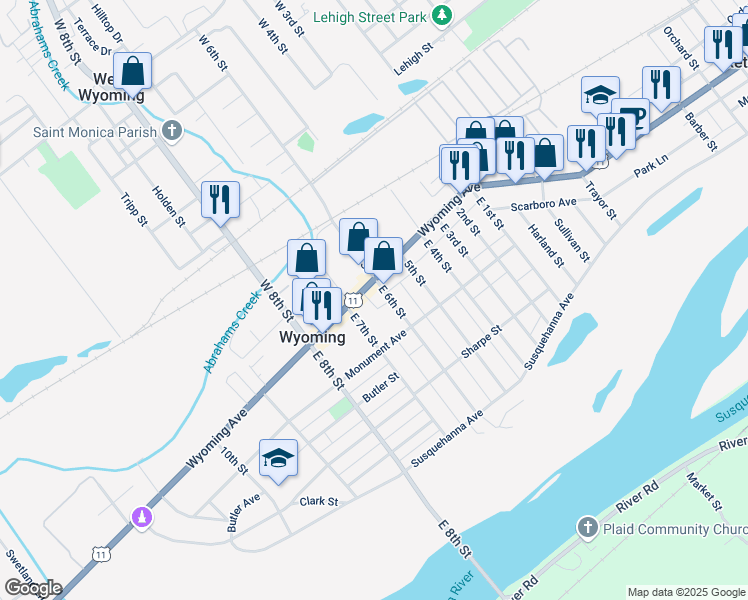 map of restaurants, bars, coffee shops, grocery stores, and more near 208 Wyoming Avenue in Wyoming