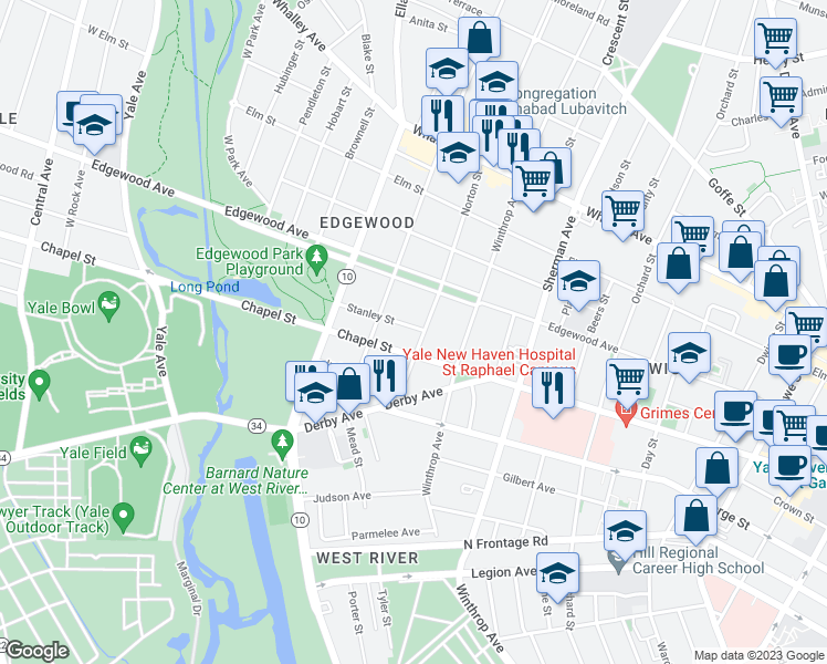 map of restaurants, bars, coffee shops, grocery stores, and more near 68 Norton Street in New Haven