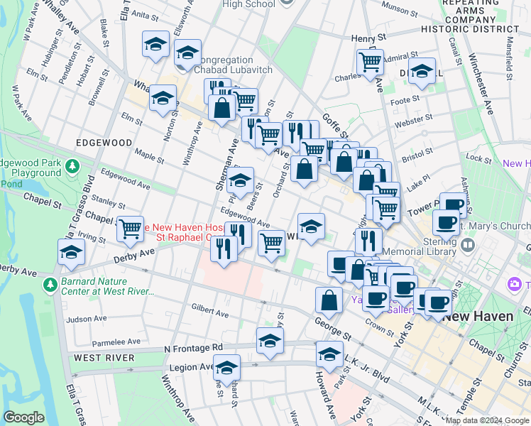 map of restaurants, bars, coffee shops, grocery stores, and more near 424 Orchard Street in New Haven