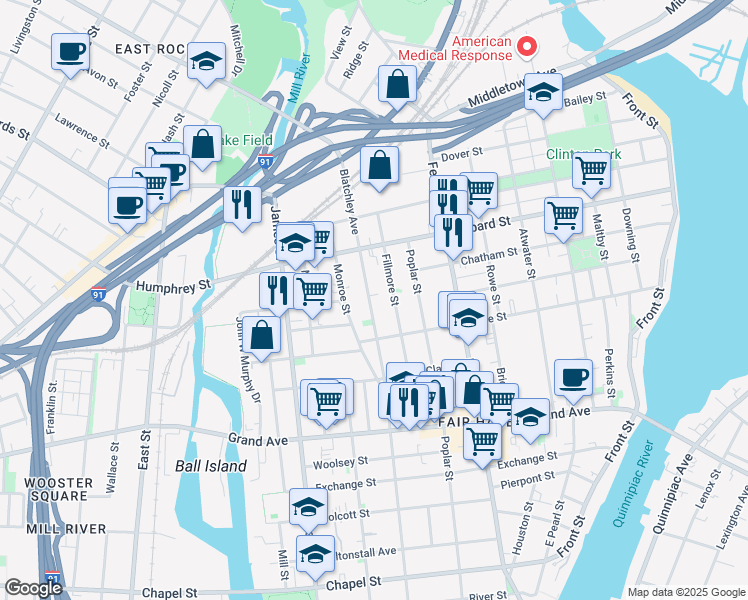 map of restaurants, bars, coffee shops, grocery stores, and more near 385 Blatchley Avenue in New Haven