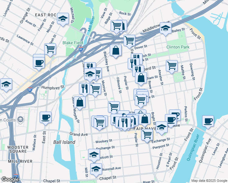 map of restaurants, bars, coffee shops, grocery stores, and more near 385 Blatchley Avenue in New Haven