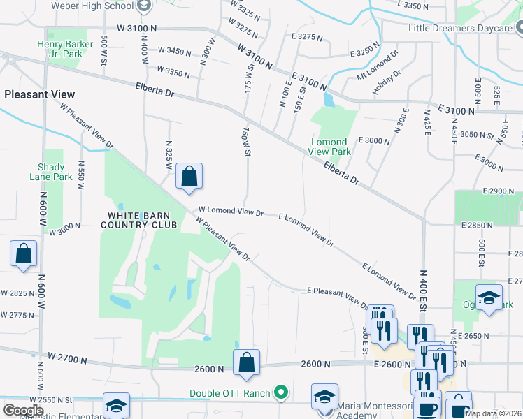 map of restaurants, bars, coffee shops, grocery stores, and more near 138 West Lomond View Drive in North Ogden