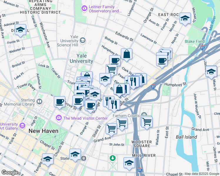 map of restaurants, bars, coffee shops, grocery stores, and more near 191 Bradley Street in New Haven