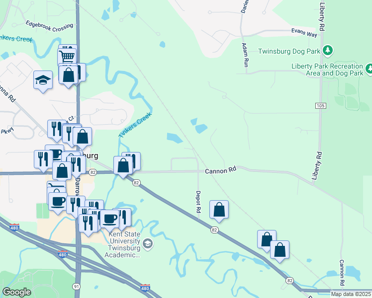 map of restaurants, bars, coffee shops, grocery stores, and more near 9152 Depot Road in Twinsburg