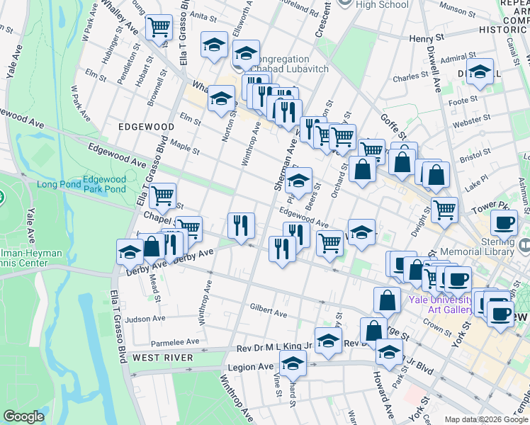 map of restaurants, bars, coffee shops, grocery stores, and more near 50 Hotchkiss Street in New Haven