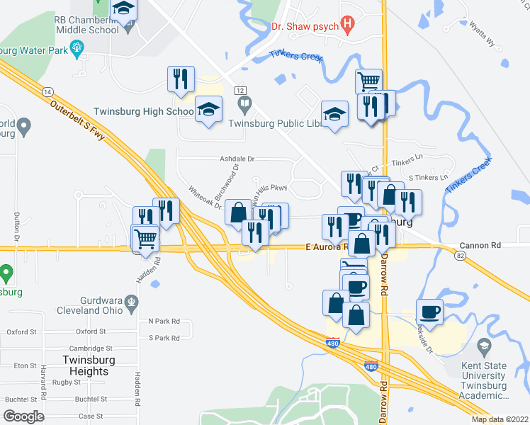 map of restaurants, bars, coffee shops, grocery stores, and more near 8903 Twin Hills Parkway in Twinsburg