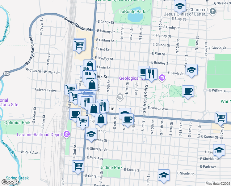 map of restaurants, bars, coffee shops, grocery stores, and more near 154 North 6th Street in Laramie