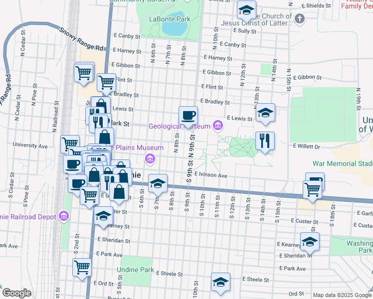 map of restaurants, bars, coffee shops, grocery stores, and more near 157 North 8th Street in Laramie