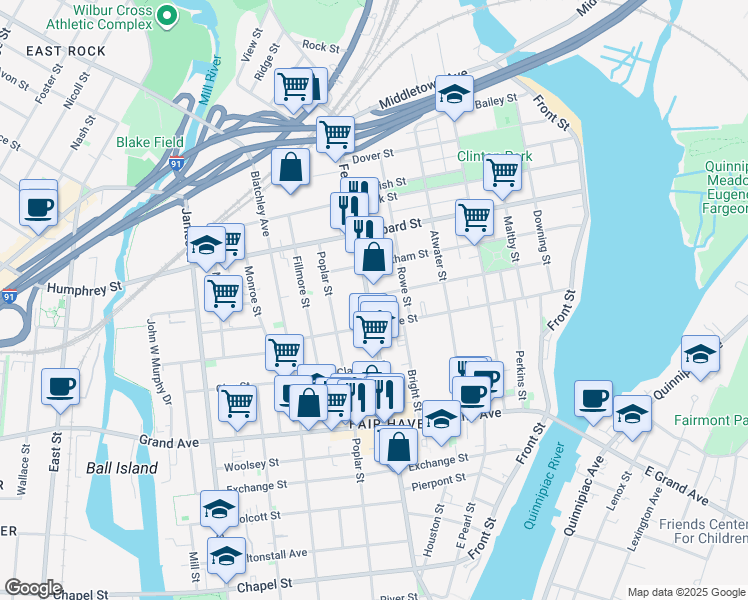map of restaurants, bars, coffee shops, grocery stores, and more near 160 Grafton Street in New Haven