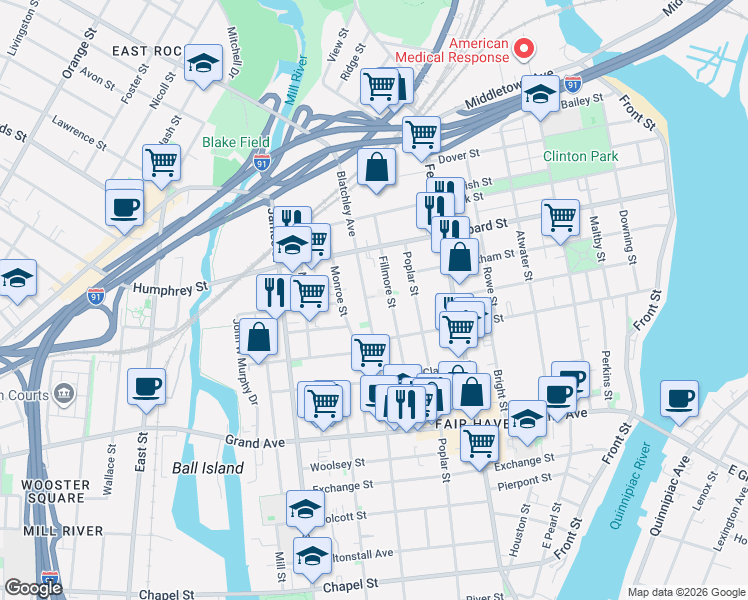 map of restaurants, bars, coffee shops, grocery stores, and more near 385 Blatchley Avenue in New Haven