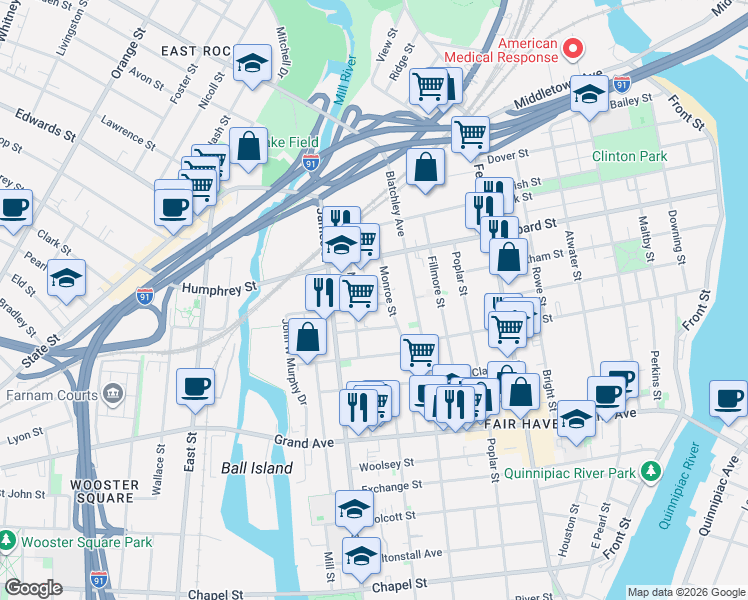 map of restaurants, bars, coffee shops, grocery stores, and more near 118 Monroe Street in New Haven