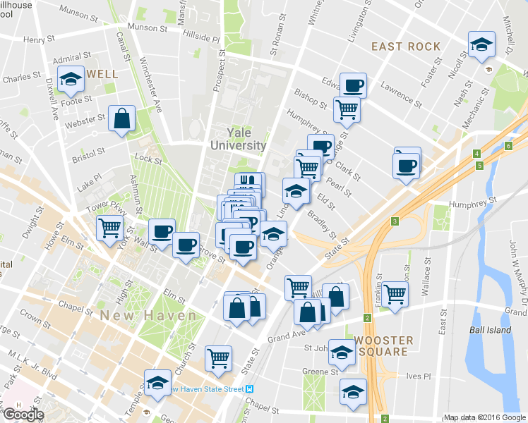 map of restaurants, bars, coffee shops, grocery stores, and more near 63 Trumbull Street in New Haven