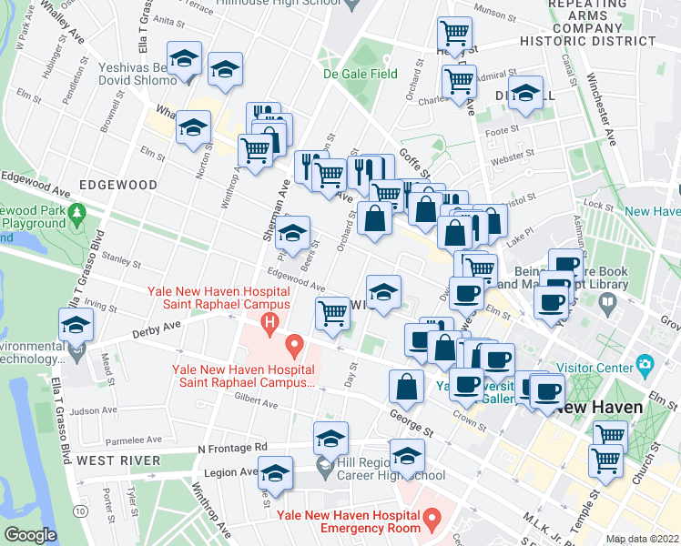 map of restaurants, bars, coffee shops, grocery stores, and more near 428 Orchard Street in New Haven