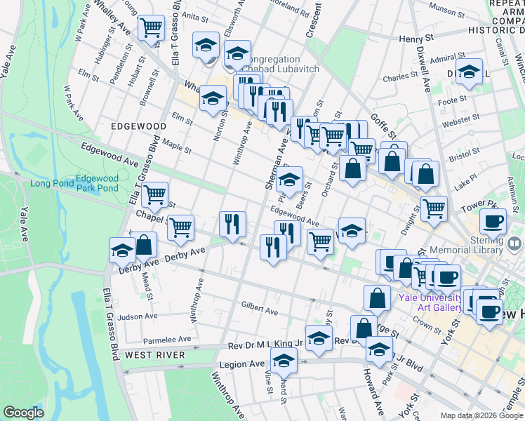 map of restaurants, bars, coffee shops, grocery stores, and more near 209 Sherman Avenue in New Haven