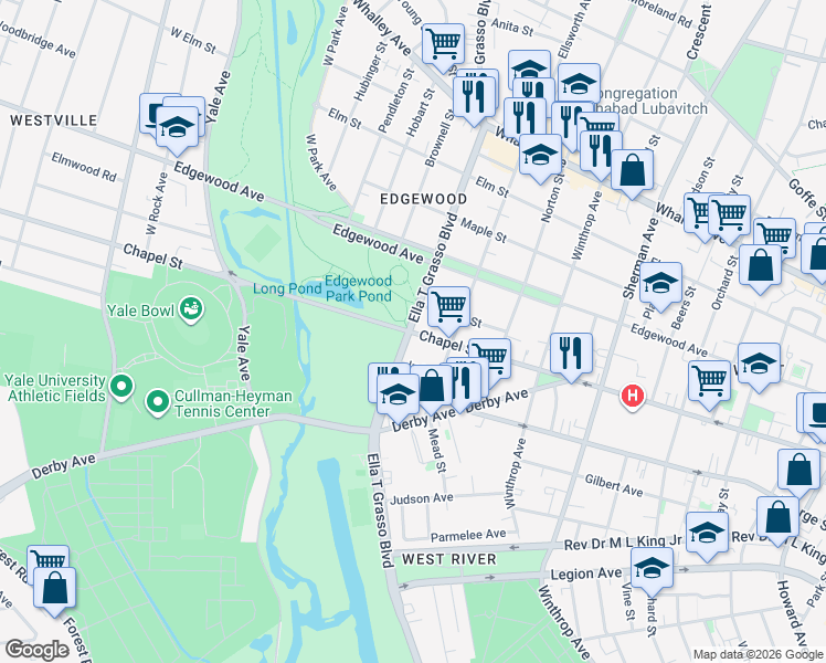 map of restaurants, bars, coffee shops, grocery stores, and more near 1660 Chapel Street in New Haven