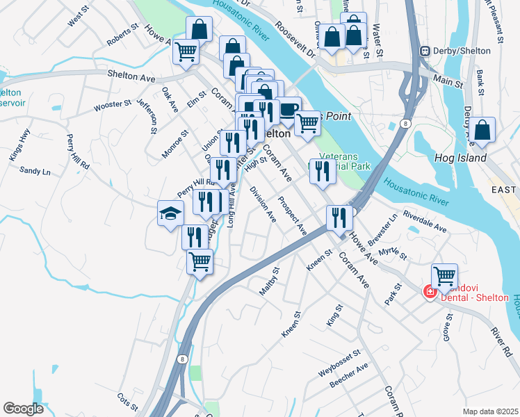 map of restaurants, bars, coffee shops, grocery stores, and more near 188 Division Avenue in Shelton