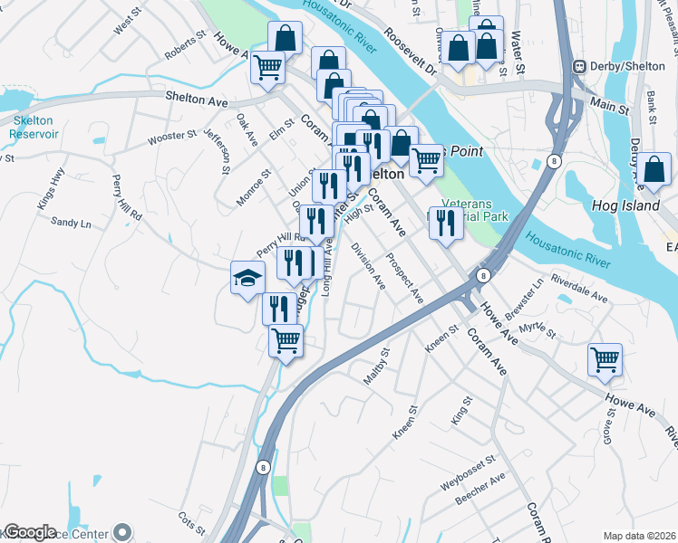 map of restaurants, bars, coffee shops, grocery stores, and more near 90 High Street in Shelton