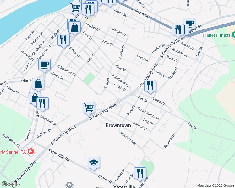 map of restaurants, bars, coffee shops, grocery stores, and more near 15 Rear Oak in Pittston