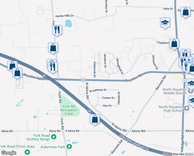 map of restaurants, bars, coffee shops, grocery stores, and more near 13981 Oakbrook Drive in North Royalton