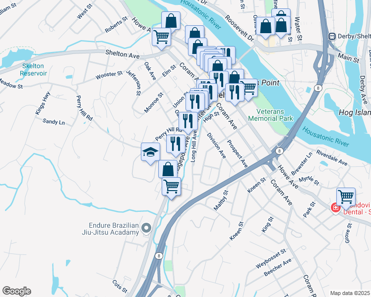 map of restaurants, bars, coffee shops, grocery stores, and more near 38 Bridgeport Avenue in Shelton