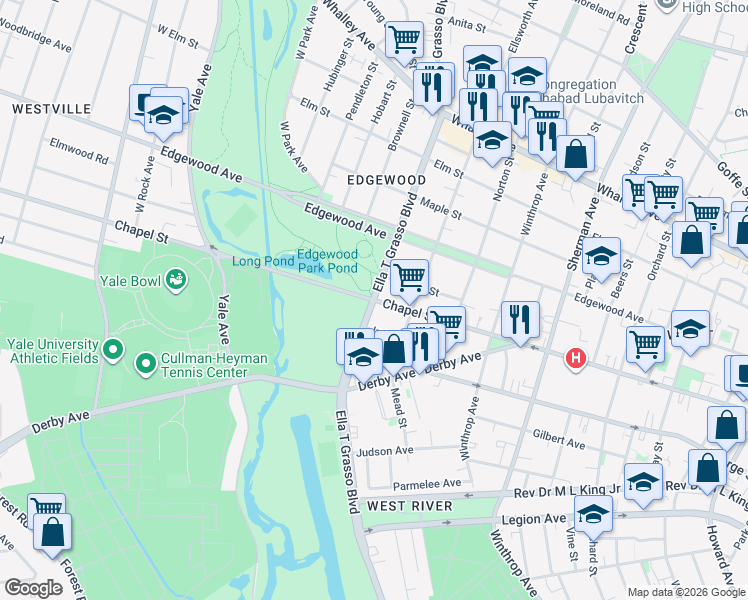 map of restaurants, bars, coffee shops, grocery stores, and more near Ella T Grasso Blvd & Chapel St in New Haven